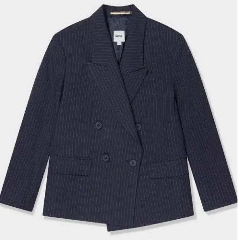BOSS - Double Breasted Pin Stripe Suit Jacket - Navy